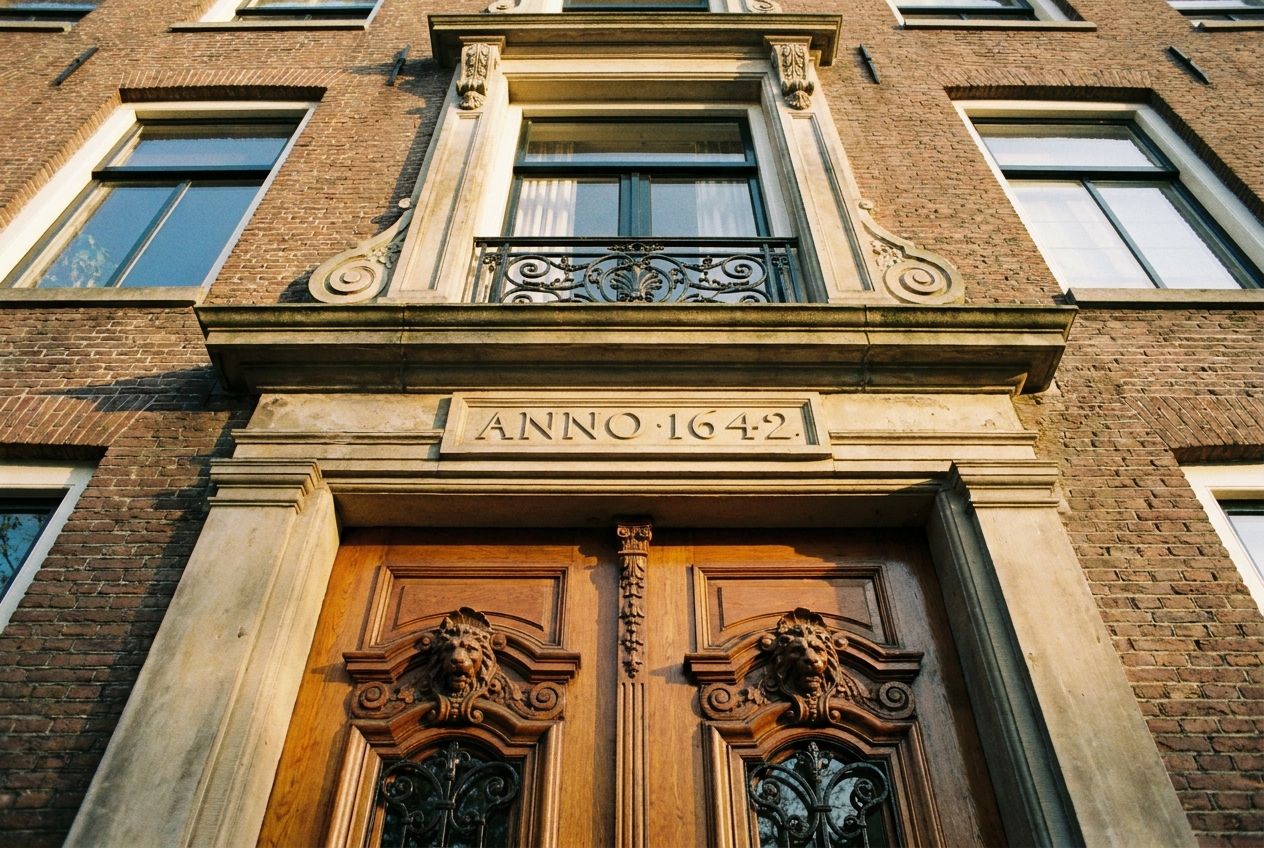 A close-up, low-angle photograph of a traditional ornate wooden door on an Amsterdam canal house, with a distinct, prominent second-story window directly above it. The scene is bathed in warm, soft morning light, emphasizing the fixed architectural order and intricate details in a 3:2 landscape frame.