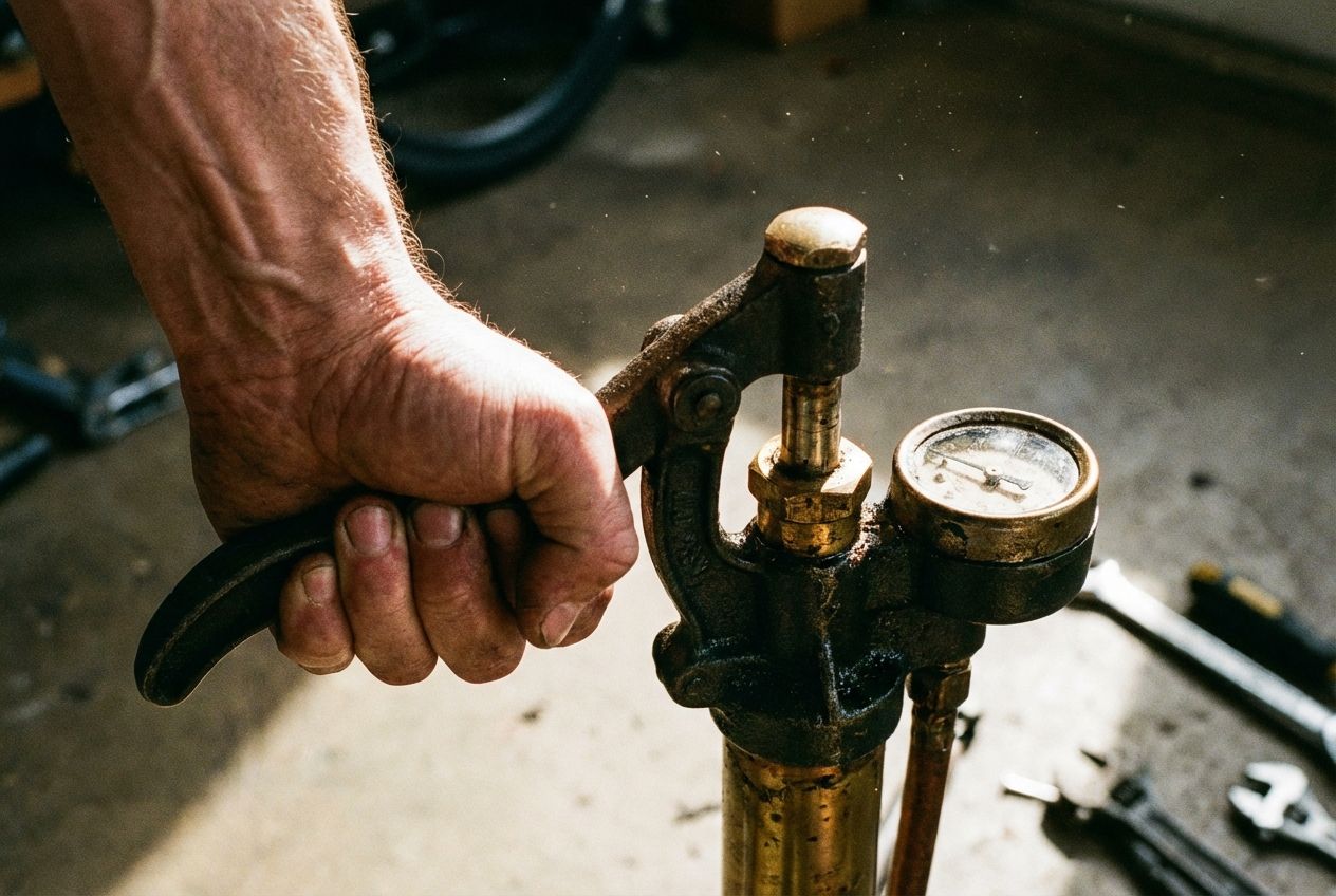 A close-up, dramatic photograph of a strong hand firmly gripping and pushing down the handle of a vintage, heavy-duty bicycle pump. The metal of the pump gleams under intense, directional light, conveying the physical effort and the build-up of pressure, composed for a 3:2 landscape frame.
