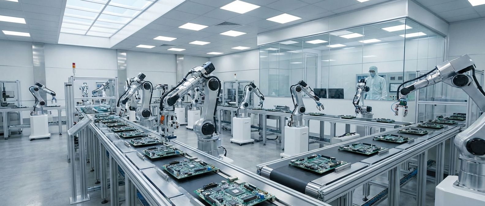 A wide, cinematic shot of a highly automated, clean manufacturing production line for intricate electronic components. Robotic arms precisely manipulate circuit boards and small parts, while conveyor belts move finished products through the brightly lit scene, showcasing efficiency and precision, with a human technician observing from a control panel in the background.