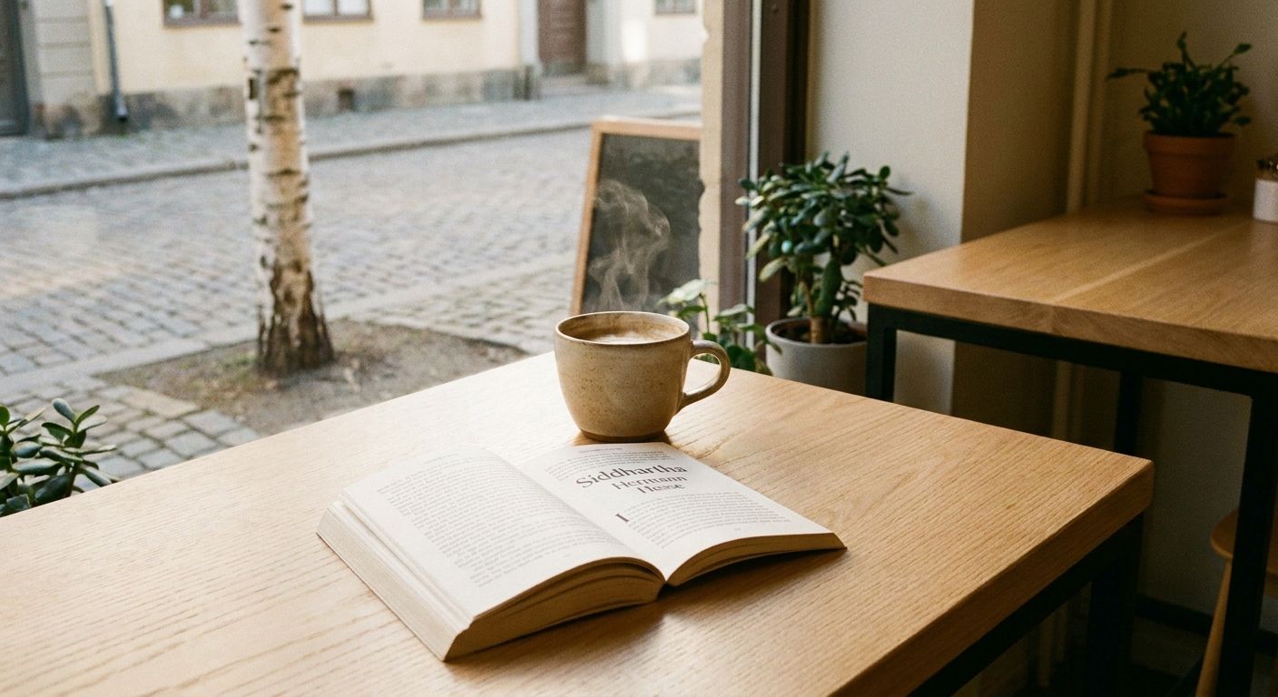 A vivid, warm photograph of a single steaming cup of coffee next to an open book on a light wooden table, bathed in soft morning light. The scene is set in a minimalist Swedish cafe, capturing a serene moment.