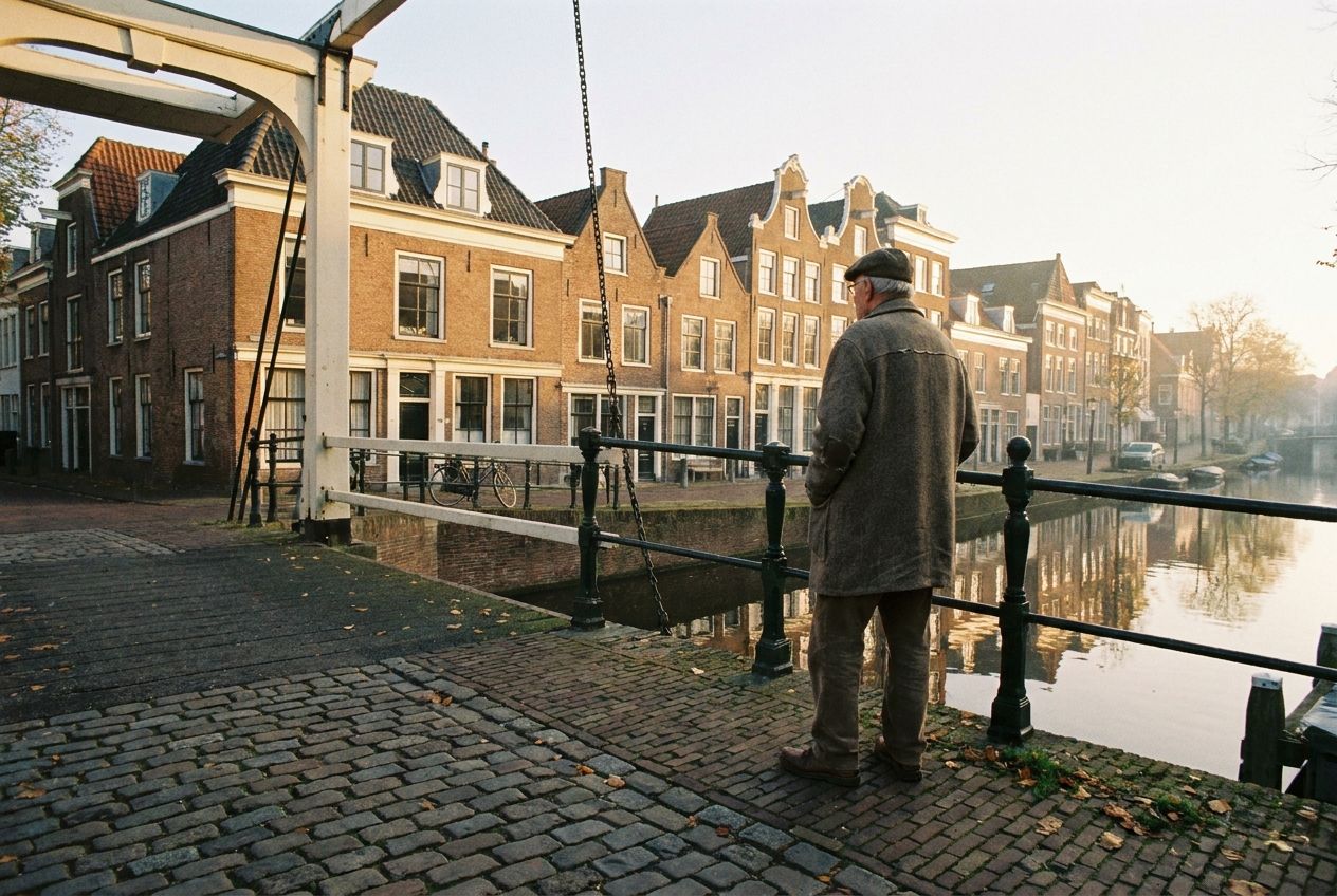 A solitary figure stands on a picturesque Dutch canal bridge, their back partially turned to the path leading across the water, instead gazing thoughtfully towards the quiet houses along the canal bank. The scene is bathed in soft, golden hour light, hinting at a choice *not* taken, captured in a wide 3:2 landscape photograph.