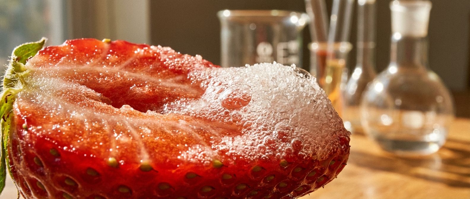 A vibrant, high-contrast, extreme close-up photograph of a fresh, juicy strawberry, partially sliced open, with a delicate, almost crystalline or foamy texture appearing along the cut edge, suggesting a rapid breakdown of its structure. In the soft-focus background, a subtle arrangement of elegant laboratory glassware, like beakers and test tubes, is visible, bathed in warm, natural light, composed for a wide horizontal frame.