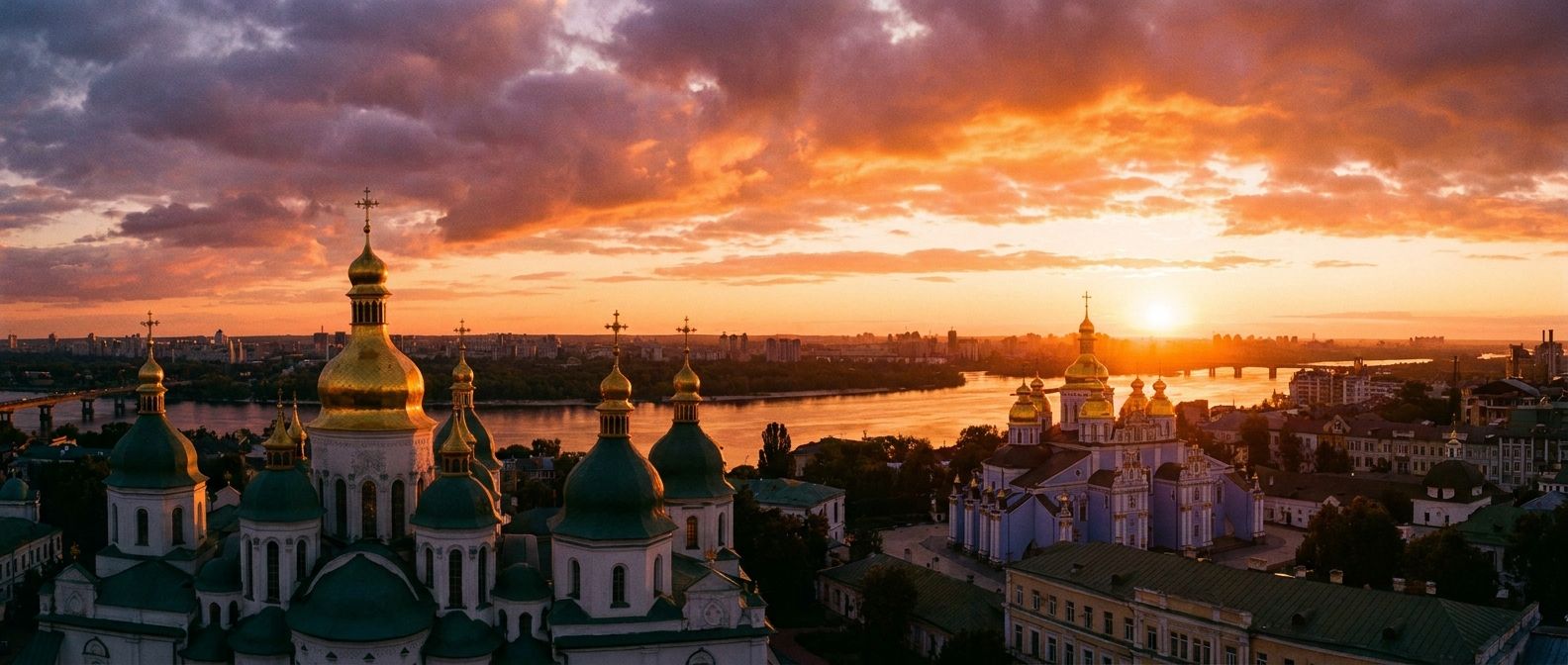 A dramatic, wide-angle photograph of the iconic golden domes of Kyiv's historic churches, brilliantly reflecting the warm, rich light of a sunset. The sky is ablaze with hues of orange and purple, casting a serene yet powerful glow over the architectural landscape of Ukraine's capital.