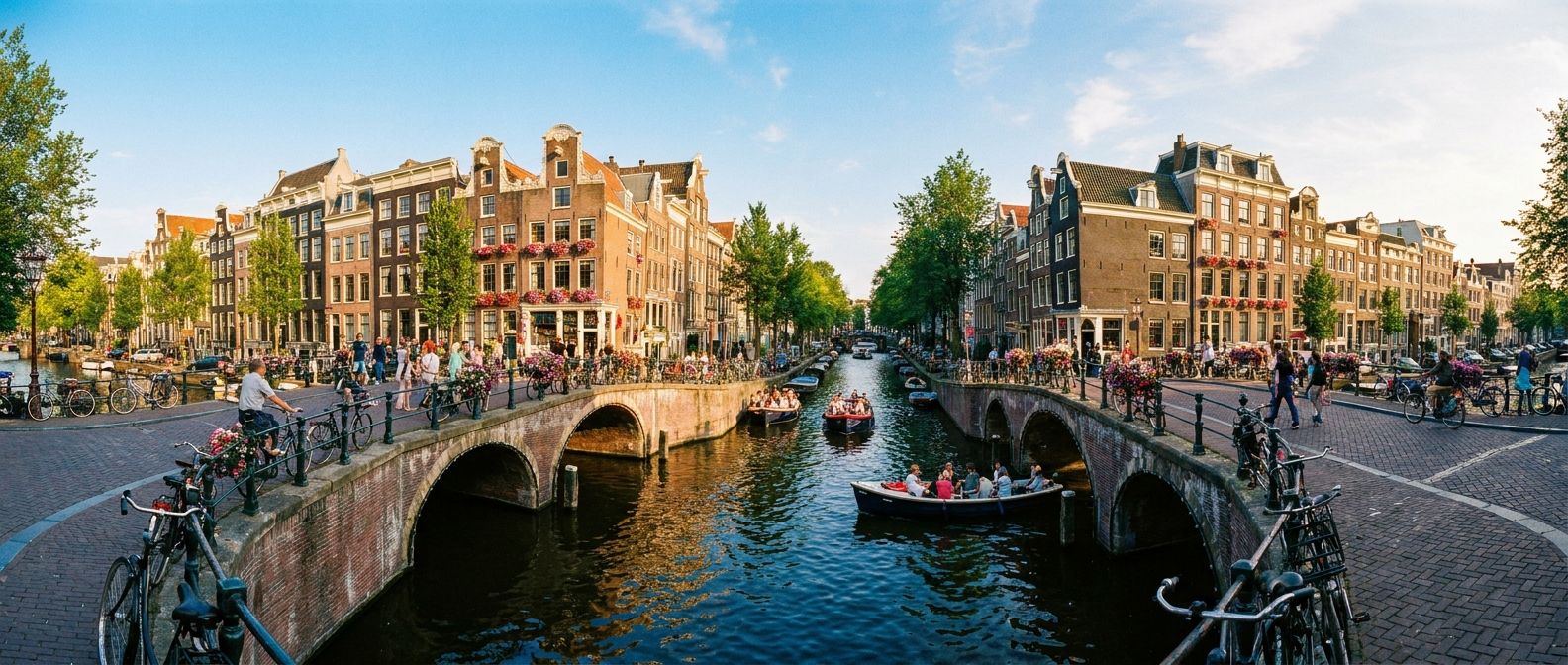 A vibrant, wide-angle photograph of a bustling Dutch canal in Amsterdam, showcasing numerous traditional gabled houses with many windows reflecting in the water, and people strolling along the cobblestone streets and bridges.