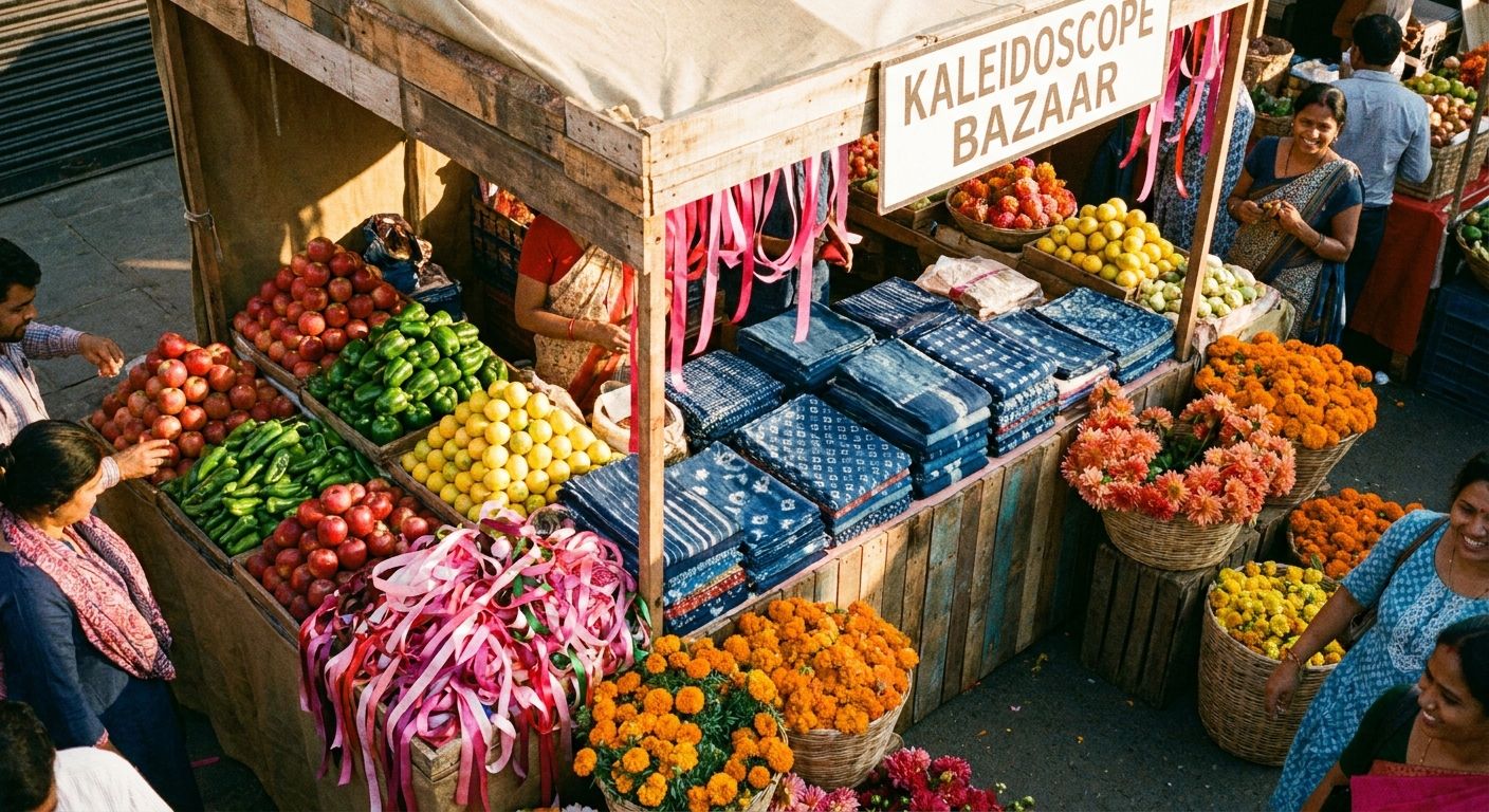 A vibrant, high-angle photograph of a bustling street market stall, overflowing with a kaleidoscope of colorful produce and crafts. Bright red apples, green peppers, yellow lemons, blue fabrics, orange flowers, and pink ribbons are meticulously arranged, showcasing objects of various sizes, bathed in warm, natural light.