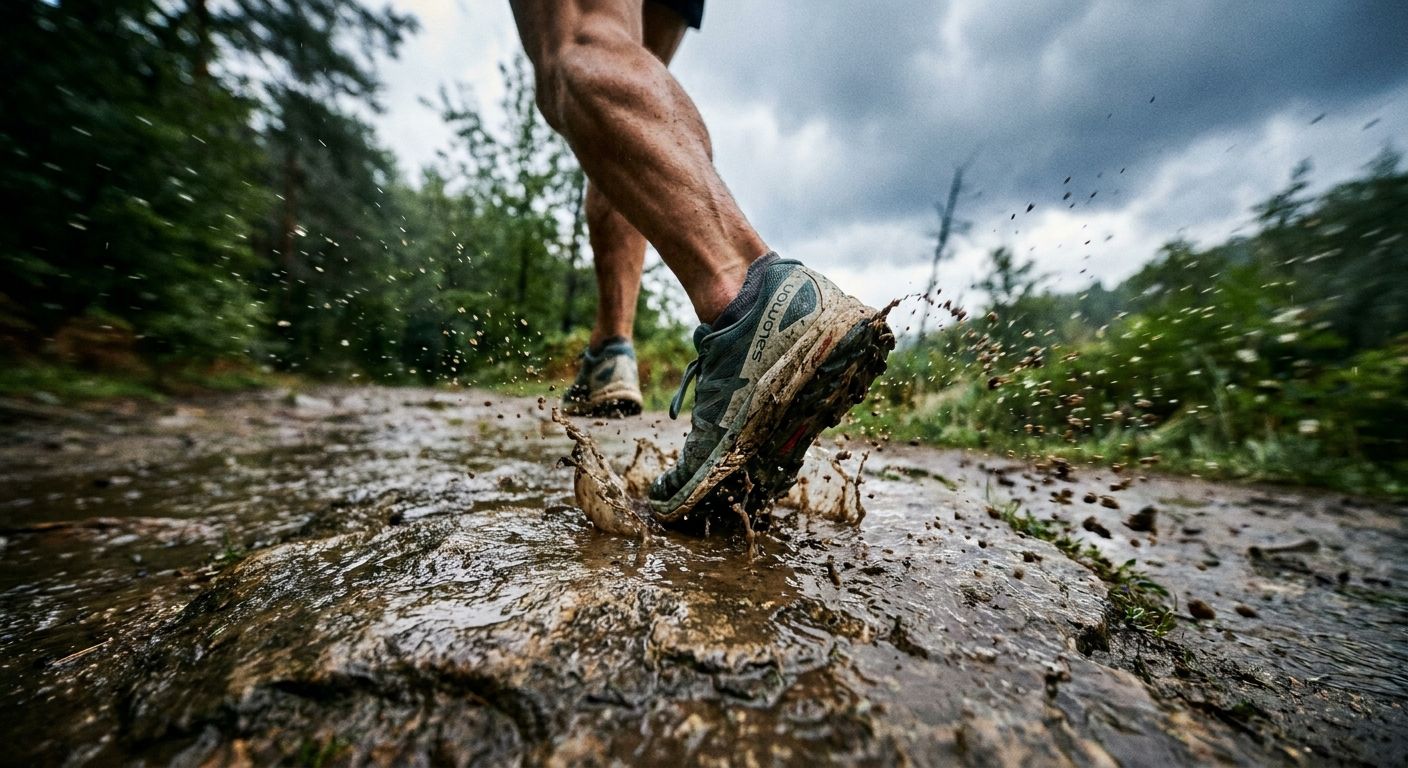 A dynamic, dramatic photograph captured from a low angle, showing a person's foot just beginning to slip on a wet or uneven surface during a run. The intense moment before a fall is frozen in time, with water splashing slightly and the background blurred to highlight the imminent action. The lighting is crisp and natural.
