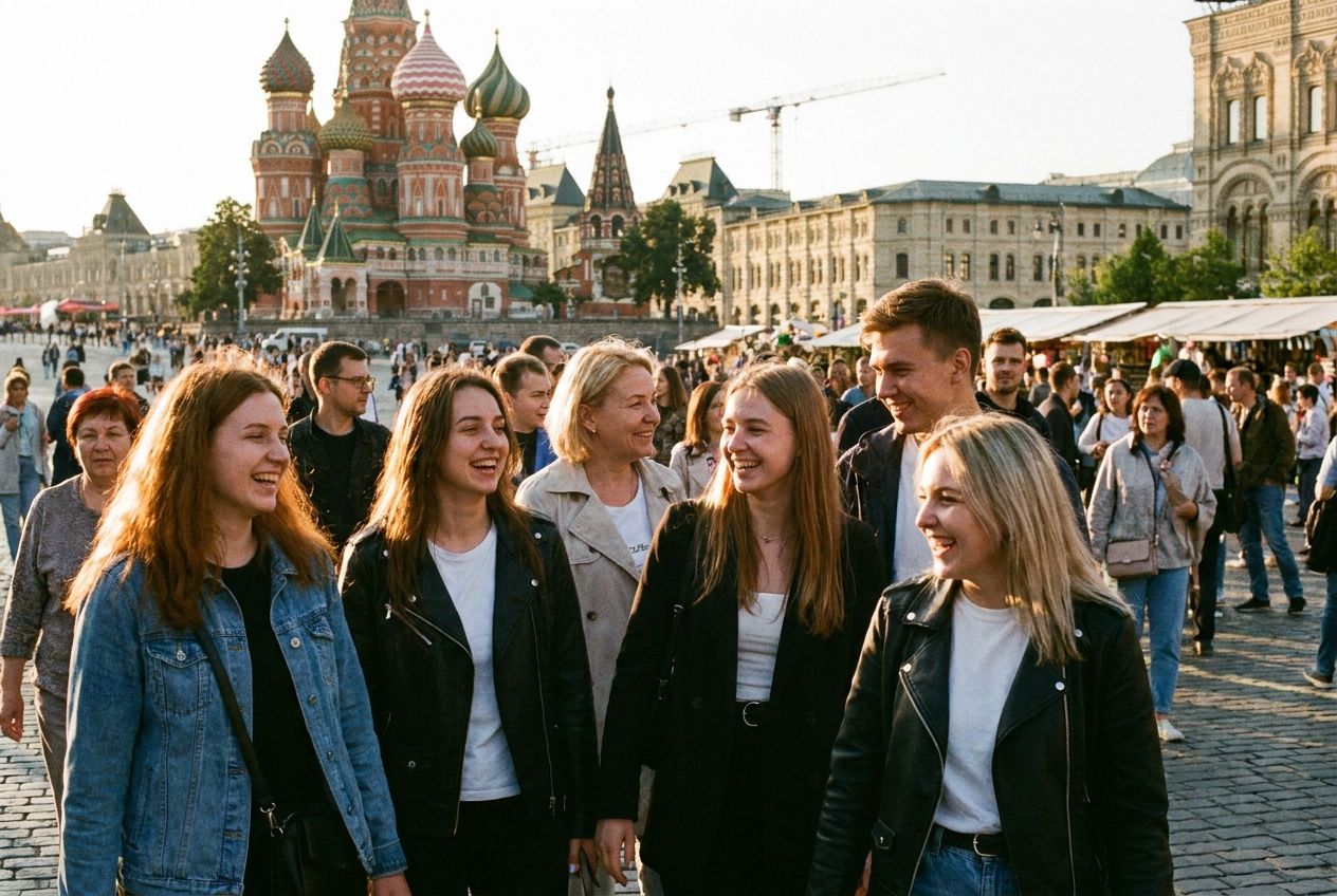 A candid, medium shot photograph of a diverse group of people walking and conversing in a bustling public square in a Russian city, their varied heights, builds, and hair colors naturally visible. Warm sunlight illuminates their faces and hair, composed in a 3:2 landscape frame.