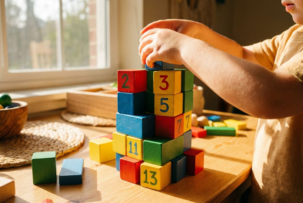 A close-up photograph of a child's hands using colorful wooden blocks to build a tower, some blocks have prime numbers written on them, like 2, 3, 5, and 7. The lighting is warm and inviting, suggesting a playful learning environment.