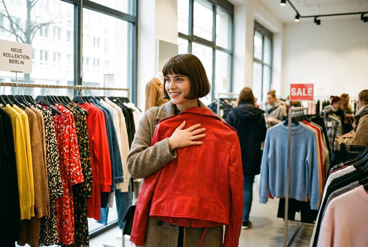 A stylish young woman in a modern German fashion boutique holds up a vibrant red jacket, admiring it in a well-lit setting. Racks of colorful dresses and pullovers are visible in the softly blurred background, suggesting a bustling shopping atmosphere in a vivid 3:2 landscape photograph.