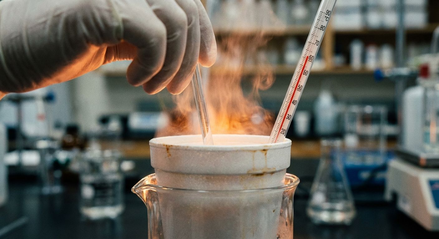 A dramatic, cinematic close-up photograph of a hand gently stirring a liquid inside a white polystyrene cup, which is nested within a clear glass beaker. A laboratory thermometer is immersed in the liquid, its mercury column visibly rising, and a subtle, warm glow or wisp of steam emanates from the solution, suggesting an exothermic reaction. The background is a softly blurred laboratory setting, emphasizing the focus on precision and heat transfer.