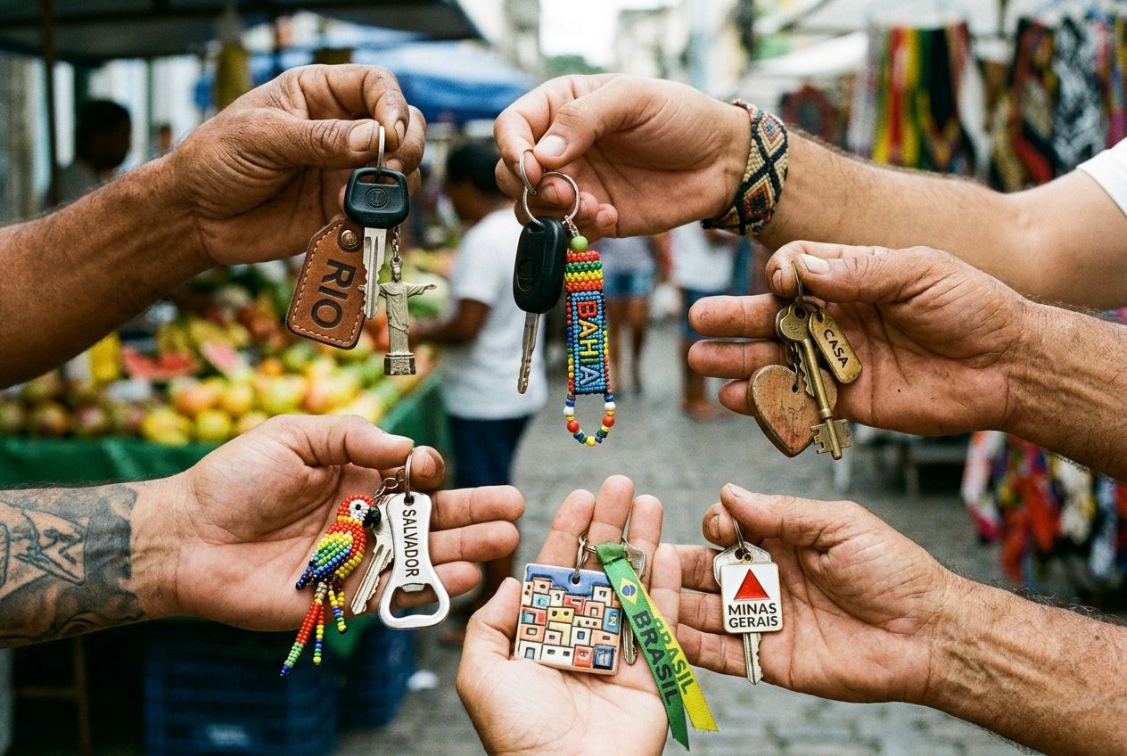 A close-up, vibrant photograph captures several distinct hands, each holding a unique set of house or car keys with different keychains, against a softly blurred background of a lively Brazilian street market. The focus is on the clear distinction of each person's keys, emphasizing individual possession in a 3:2 landscape frame.