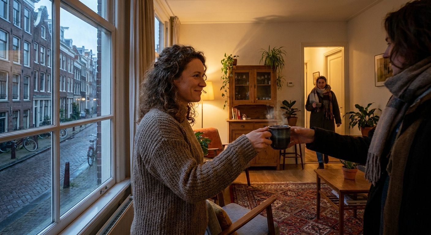 A person with a warm, reassuring smile offers a steaming cup of coffee to another person, who has just stepped into a cozy, inviting Dutch living room. Through a large window, a classic Dutch canal house street is visible under a soft, diffused light, hinting at the outside chill, while the interior glows with comfort and warmth.