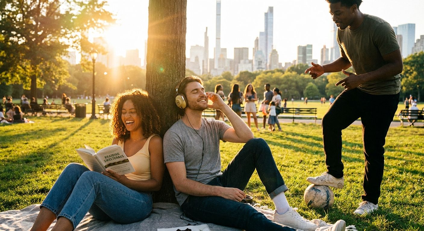 A candid, vibrant photograph of three young adults enjoying their free time in a sun-drenched urban park. One person reads a book, another listens to music with headphones, and a third stands with a football at their feet, hinting at play. The scene is full of warm, golden hour light, captured from a slightly elevated, mid-distance perspective.