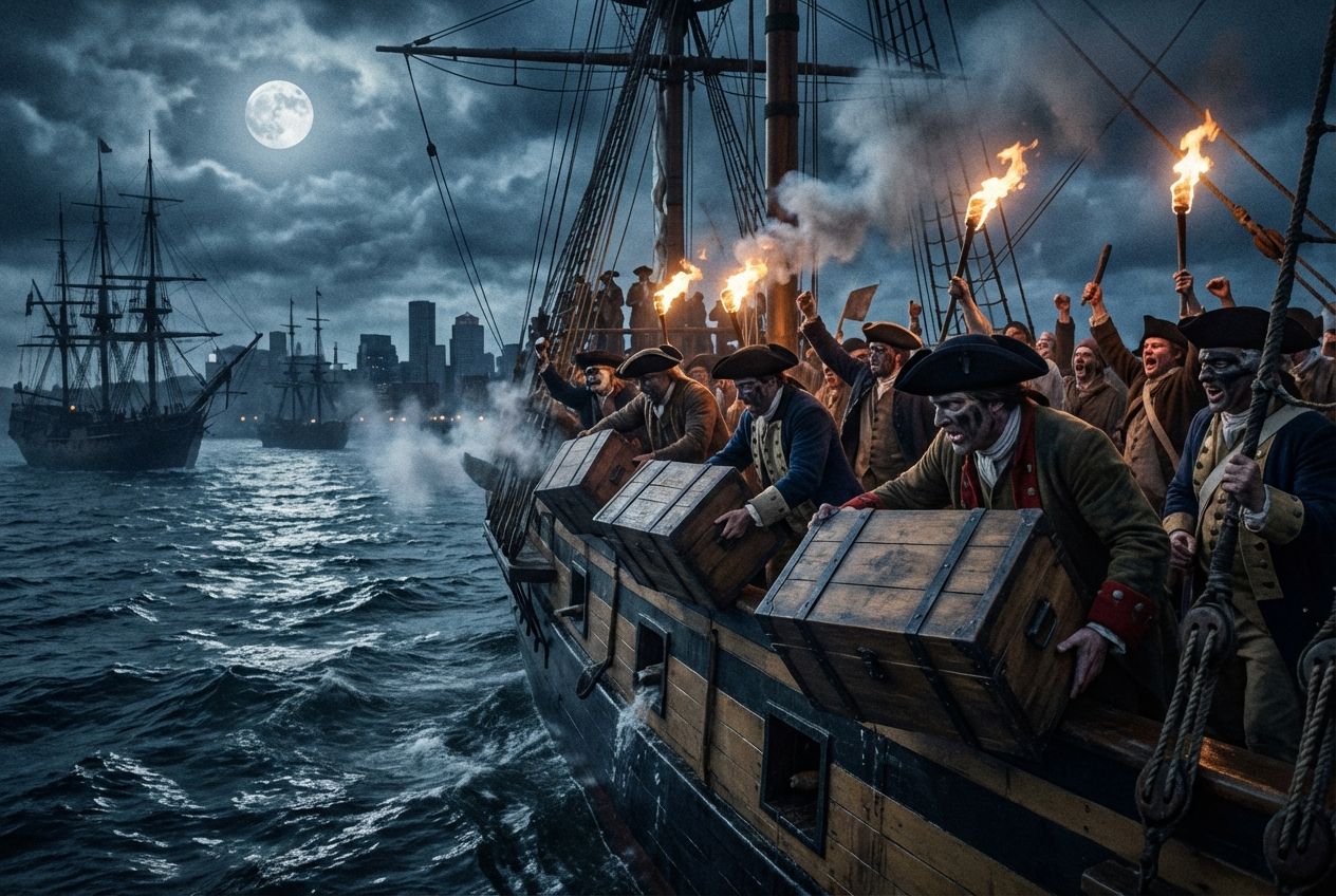 A dramatic wide-angle photograph of figures in colonial attire, some with faces obscured, actively throwing large wooden tea chests into the dark waters of a moonlit Boston Harbour from the deck of a tall ship. The scene is filled with rebellious energy, with other ships silhouetted in the background under a cloudy, dramatic night sky, composed for a 3:2 landscape frame.