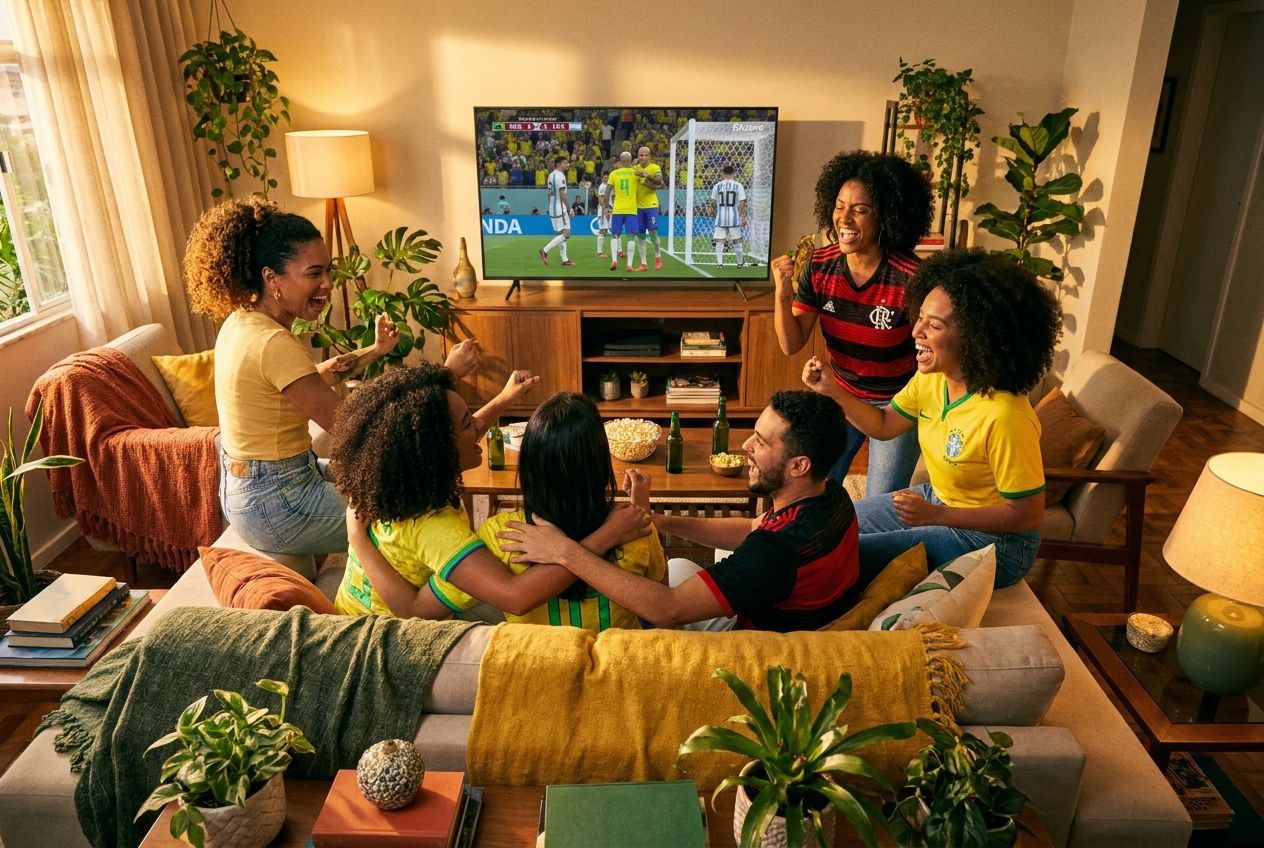 A vibrant, wide-angle photograph captures a group of diverse Brazilian friends animatedly laughing and cheering, gathered closely on a comfortable sofa in a warmly lit living room, intensely watching a thrilling football match on a large television screen. The scene, composed for a 3:2 landscape frame, evokes shared joy and a common daily habit with rich textures and vivid colors.