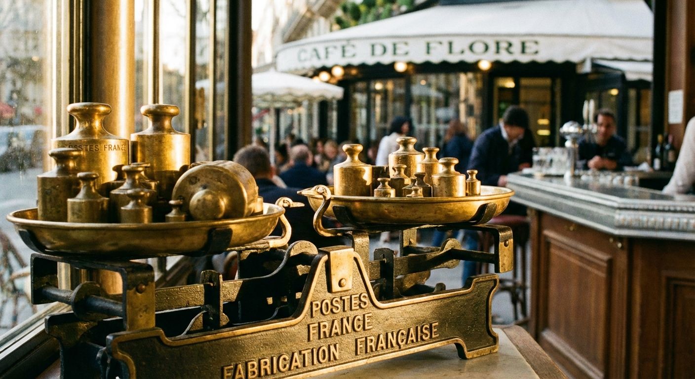 This photo has a warm, vintage feel. It features a golden balance scale, prominently displaying "POSTES FRANCE FABRICATION FRANCAISE" on its base. Each side of the scale holds a brass tray piled with varying sizes of brass weights. The warm, golden tones dominate the image.

In the background, partially out of focus, is a Parisian cafe scene. People are seated at tables, and a glimpse of the cafe's awning, adorned with the words "CAFE DE FLORE," is visible. The composition is carefully arranged, with the scale positioned in the foreground to draw the viewer's eye. The overall style is reminiscent of a film photograph, with soft lighting and a slight grain.