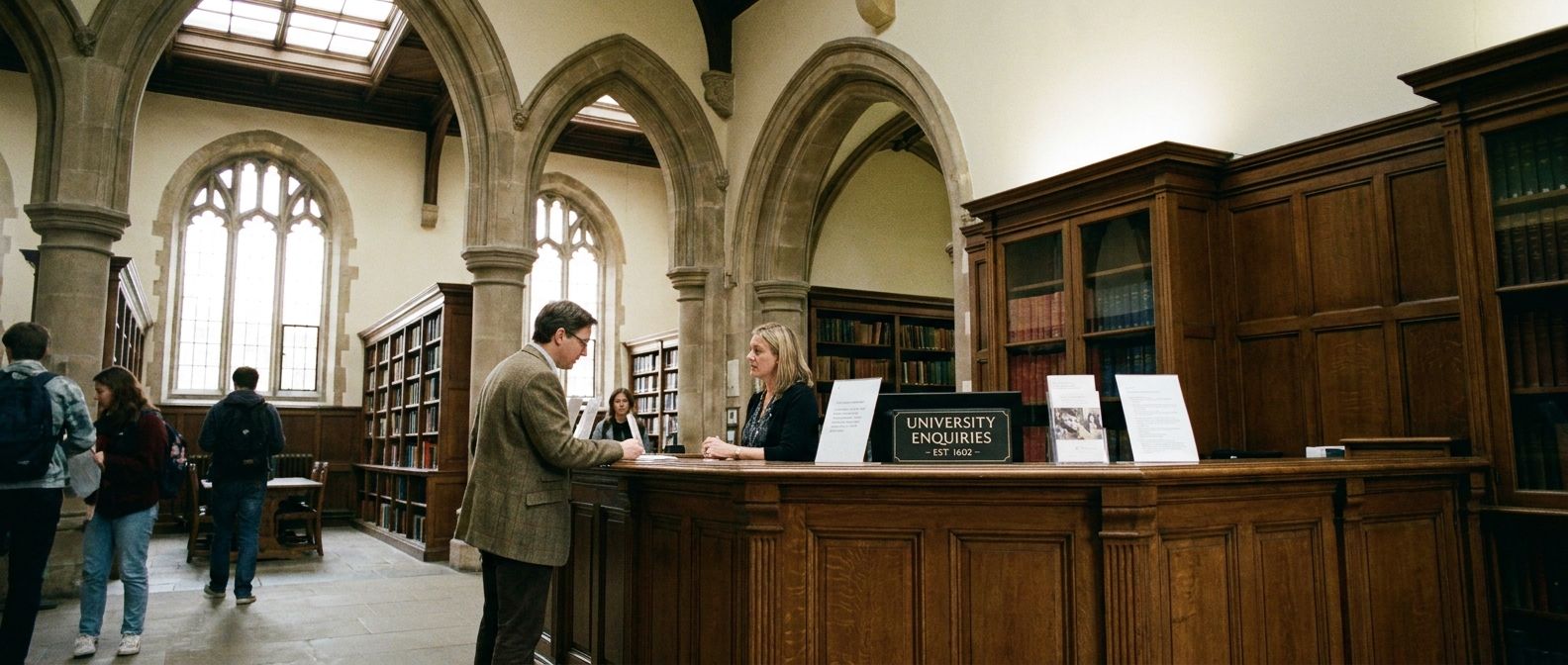 A wide shot of a person politely speaking to a staff member at a grand, historic information desk inside a stately British university hall or library, bathed in soft, natural light, capturing a moment of respectful inquiry in an elegant, formal setting.