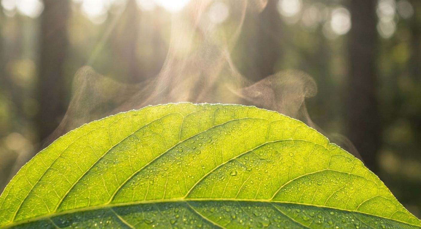 A vibrant green leaf, glistening with morning dew drops, captured in a close-up photograph. Soft sunlight backlights the leaf, creating a subtle, ethereal mist rising from its surface, emphasizing the delicate process of water transport and evaporation.