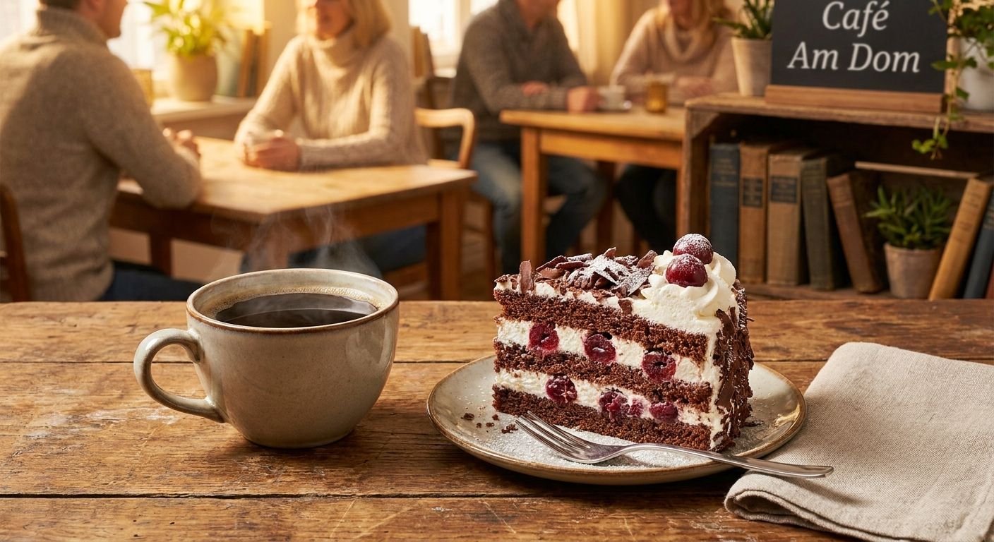 A close-up, top-down photograph of a steaming cup of coffee and a slice of traditional German Black Forest cake (Schwarzwälder Kirschtorte) on a rustic wooden table in a charming German cafe. In the soft-focus background, a blurred scene of people socializing and enjoying the warm, inviting atmosphere of the cafe is visible. The lighting is warm and inviting, capturing the essence of "Kaffee und Kuchen."