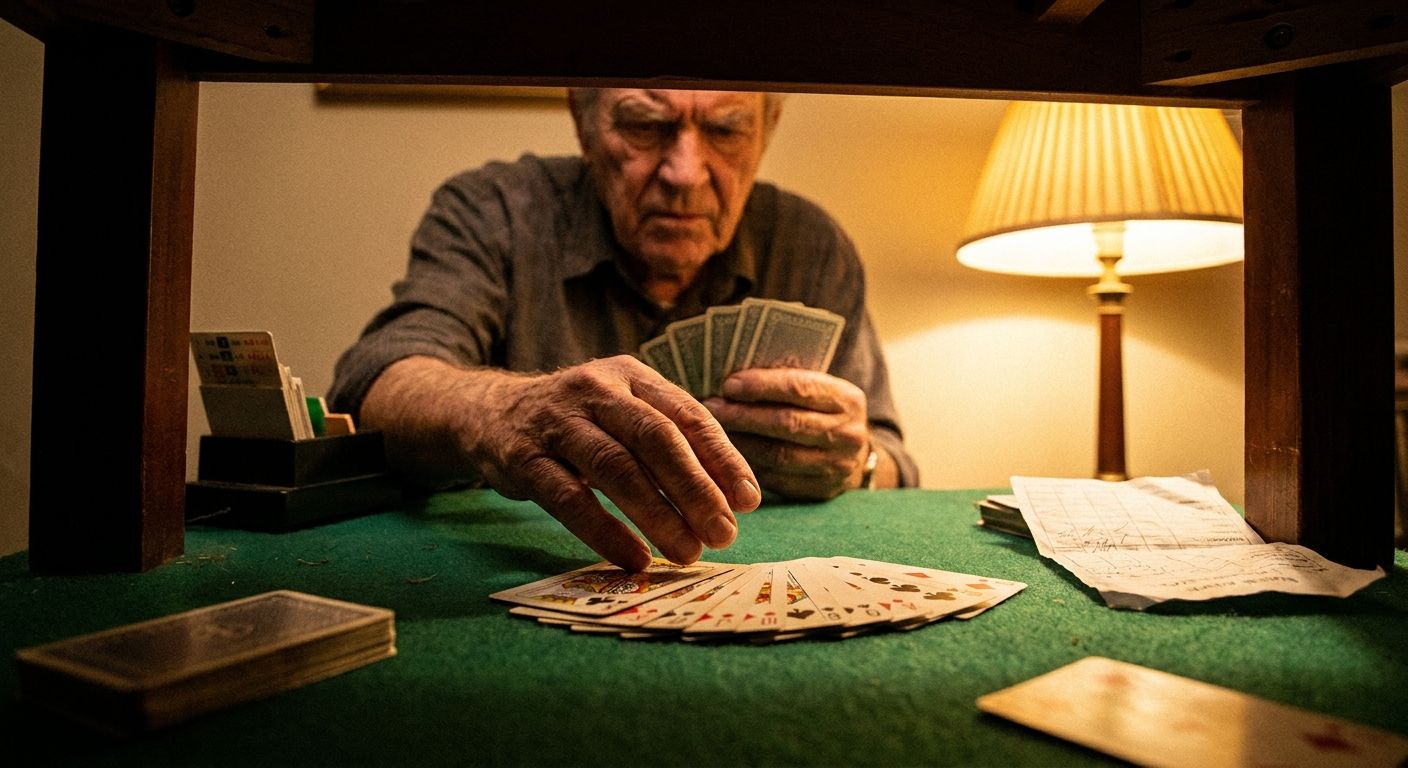 A dramatic, low-angle close-up photograph of a bridge player's hands, intensely focused, hovering over a complex arrangement of cards on a green felt table. The scene is bathed in a warm, strategic light, highlighting the intricate mental challenge of advanced declarer play.