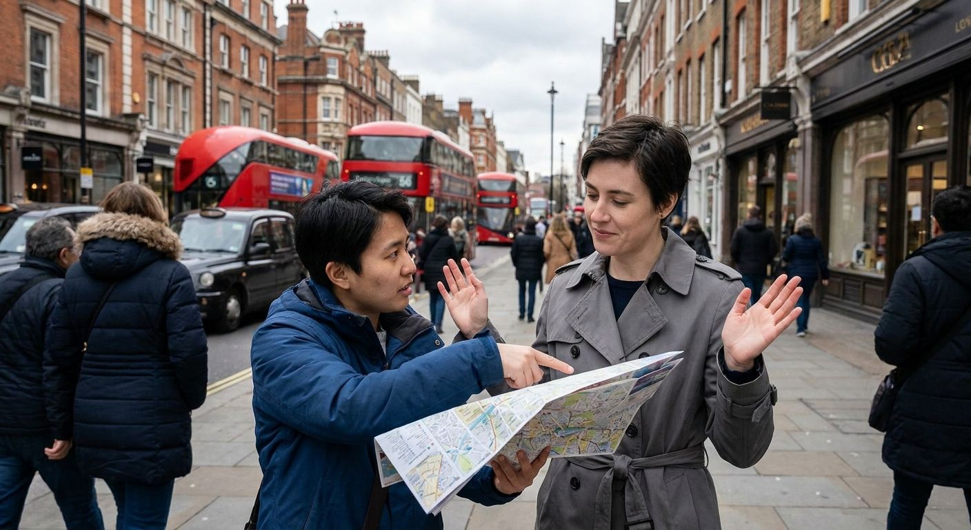 A vibrant, natural photograph capturing a moment of interaction between two people on a bustling London street. One person points inquisitively at a map, while the other politely gestures 'no' with an open palm and a subtle head shake, conveying a questioning interaction and a negative response. Iconic British street architecture provides a vivid, blurred background.