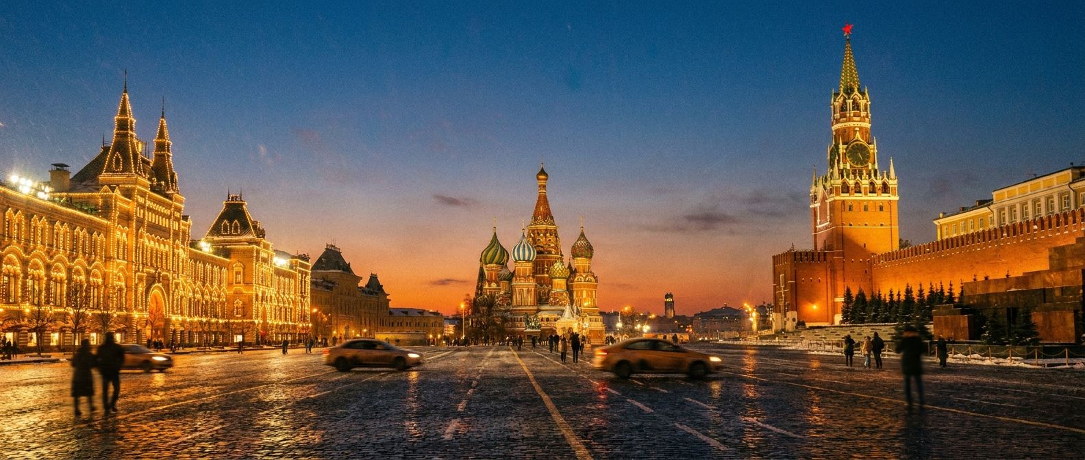 A wide, horizontal shot of an iconic Russian city square, like Red Square, at dusk, illuminated by warm, golden light from streetlamps and surrounding buildings. The grand architecture fills the frame with dramatic shadows and striking details, with a few blurred figures suggesting life and activity in the foreground.