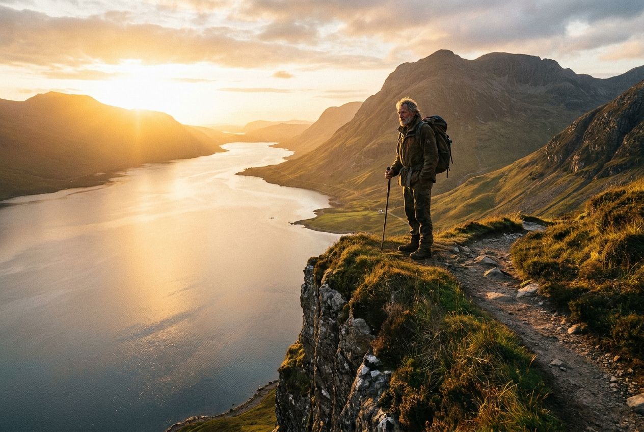 A lone figure stands on a dramatic cliff edge overlooking a vast, serene Scottish loch bathed in the golden light of sunset. The scene captures a powerful sense of journey and reflection on a lifetime of diverse experiences, composed for a 3:2 landscape.