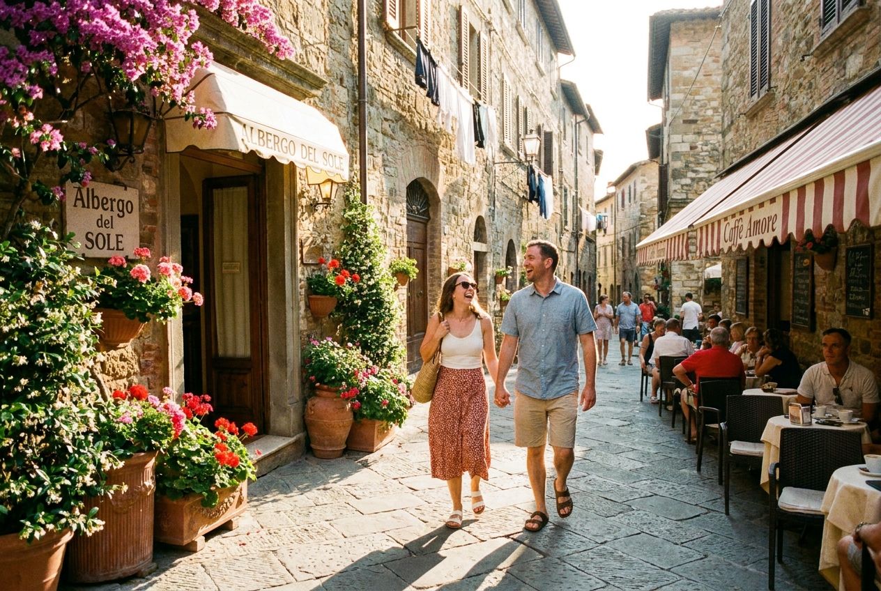 A vibrant, sun-drenched photograph of a tourist couple happily strolling down a charming cobblestone alley in an ancient Italian city, past a traditional hotel entrance with blooming flowers and a bustling cafe terrace, captured in a wide 3:2 landscape shot with warm, inviting light.
