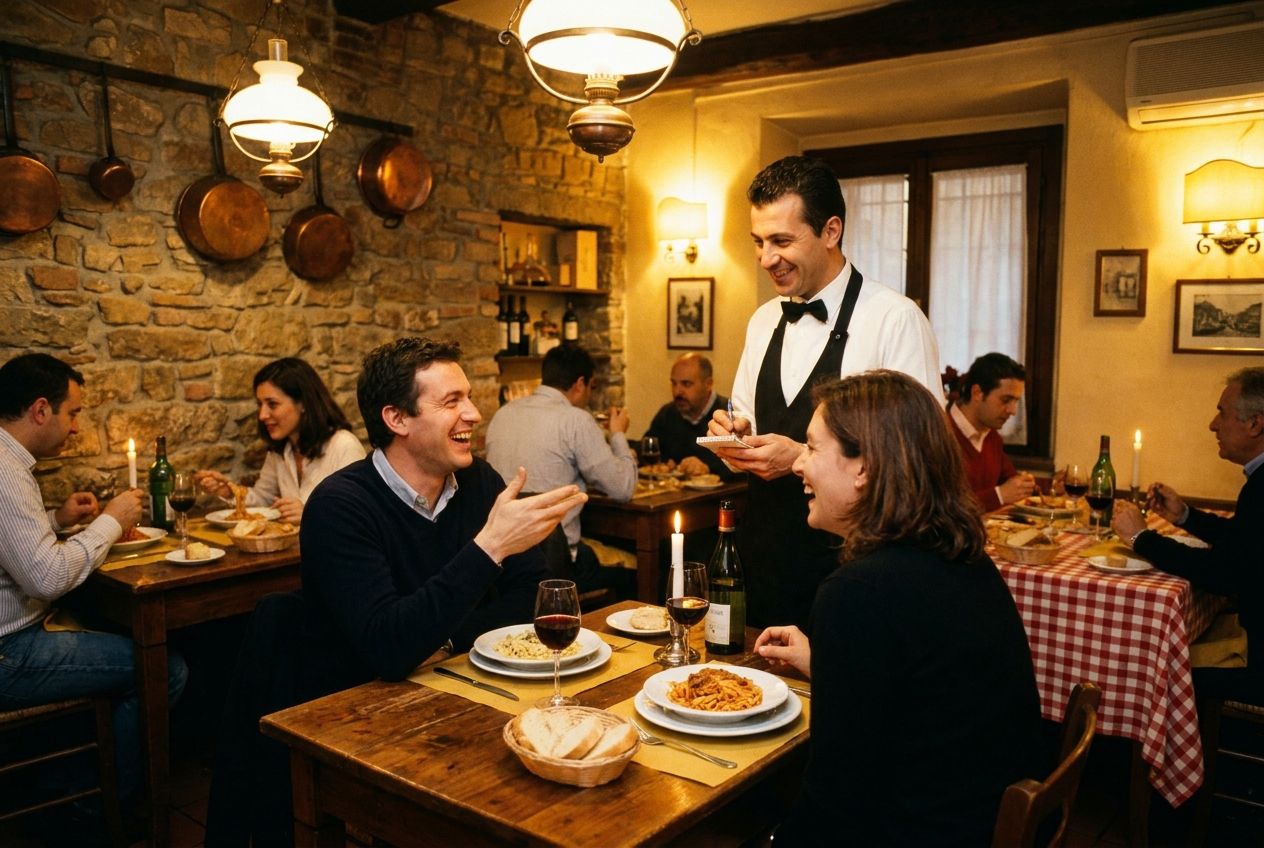 A candid, vibrant photograph captures a lively scene inside an authentic Italian trattoria during dinner, with a couple smiling and gesturing while ordering from a friendly waiter. Warm, inviting light illuminates rustic details and delicious food on nearby tables, composed for a 3:2 landscape.