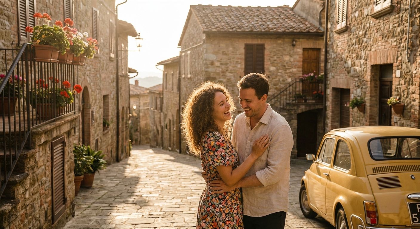 A vibrant photograph capturing two people, perhaps friends or acquaintances, exchanging warm greetings or goodbyes on a charming street in a sun-drenched Italian town. Their animated expressions and gestures convey a natural, friendly conversation, set against a backdrop of historic Italian architecture.