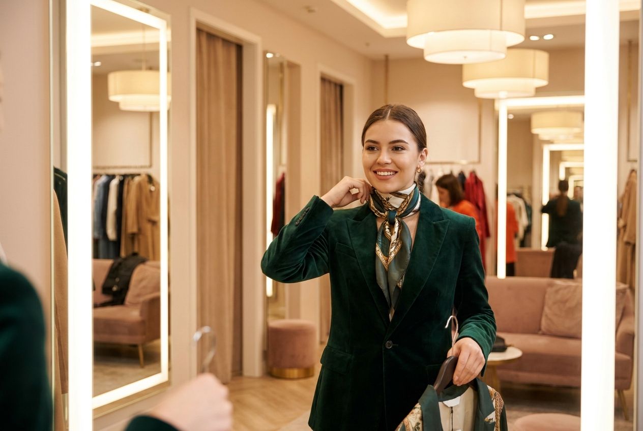 A stylish young woman, dressed in a fashionable jacket, confidently examines her reflection in a brightly lit changing room mirror within a chic clothing boutique. The scene captures the excitement of trying on new clothes, composed as a vivid, photorealistic 3:2 landscape.