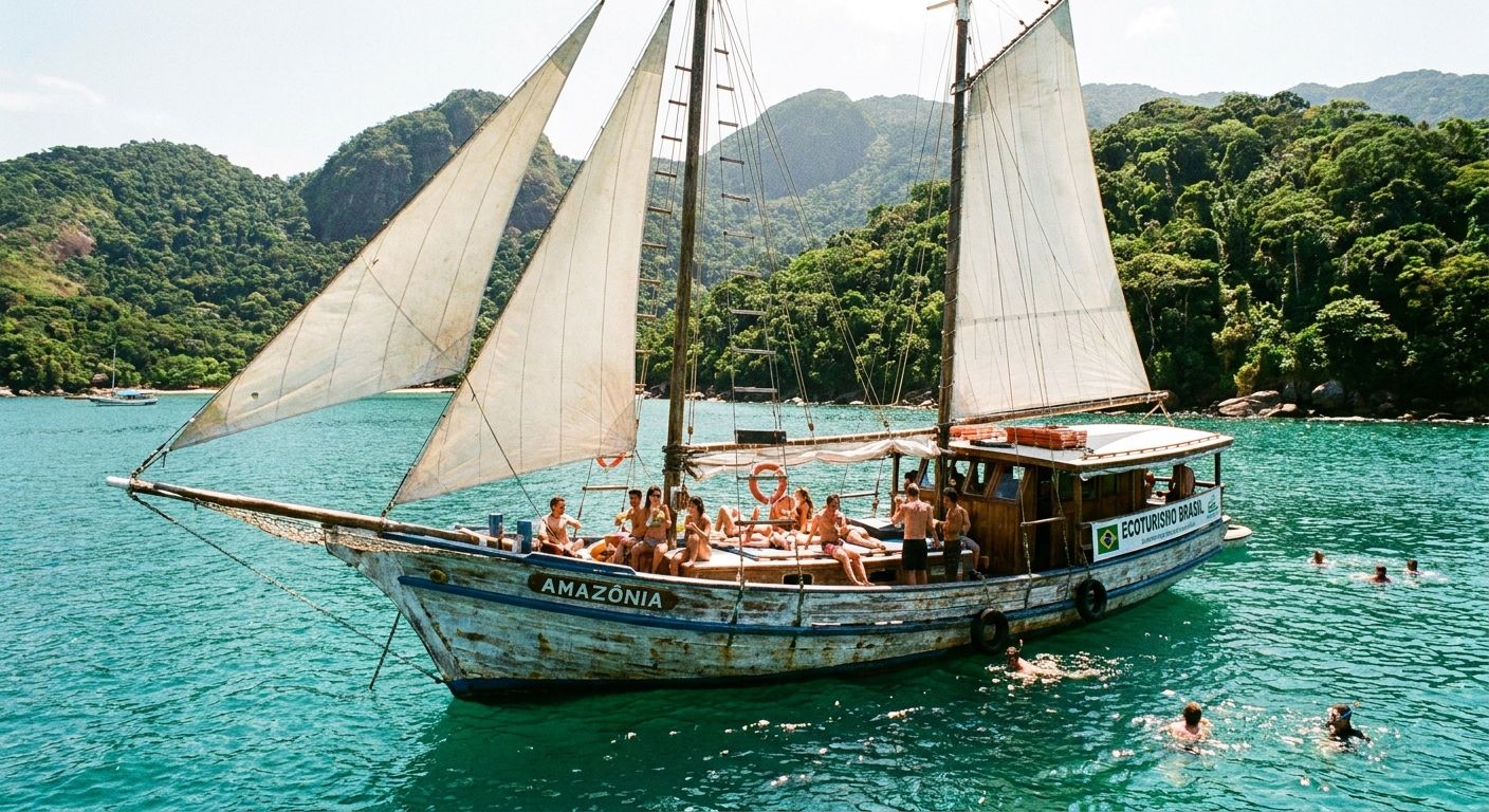 A vivid photograph captures a traditional wooden Brazilian 'escuna' (schooner) sailing gracefully on sparkling turquoise waters, surrounded by lush, green coastal islands under a bright sun. People are seen enjoying the deck and swimming nearby, embodying the spirit of ecotourism and adventure in Brazil.