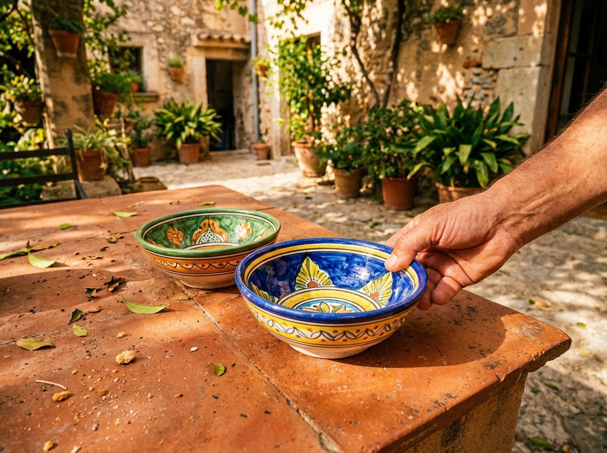A sun-drenched, high-angle photograph of two distinct, hand-painted Spanish ceramic bowls sitting on a rustic terracotta table in a Mediterranean courtyard. One hand is gently pulling a vibrant blue bowl closer, emphasizing ownership and personal choice under the warm, golden afternoon light.