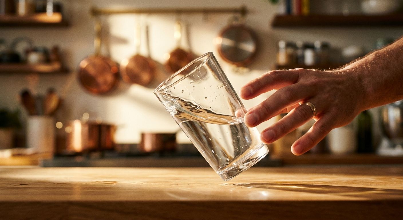 A dramatic, extreme close-up photograph of a ceramic plate or a glass of water, captured mid-air as it slips from someone's hand, about to crash. The background is a softly blurred, warm-toned kitchen or dining room, emphasizing the suddenness and unplanned nature of the event with natural light.