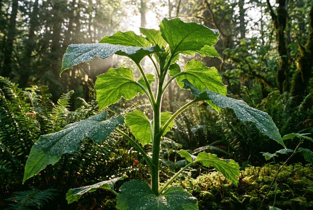 A dramatic, vibrant photograph of a lush green plant, its leaves and stem standing tall and firm, glistening with morning dew. The image should convey vitality and strength, captured in soft, natural light, composed for a 3:2 landscape frame.