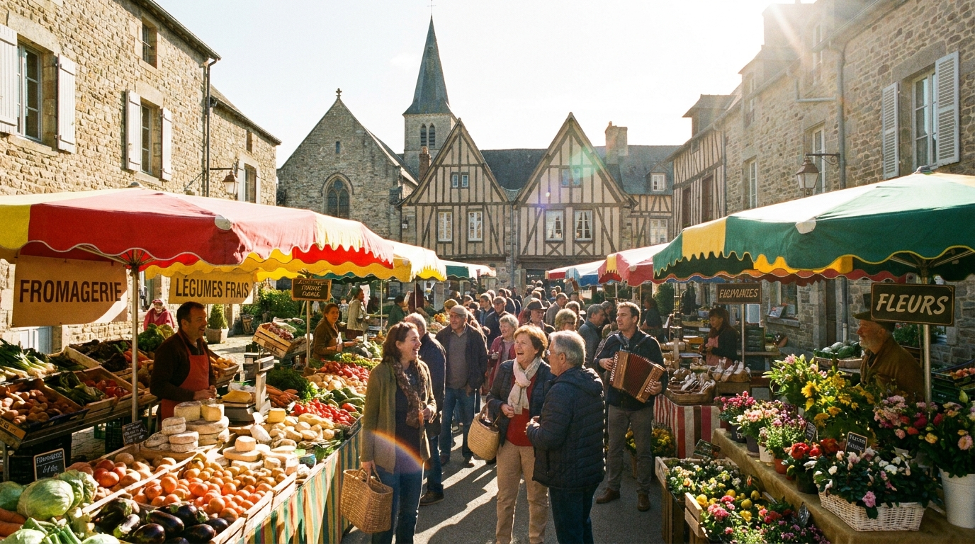 A vibrant outdoor market scene in a picturesque French town, with vendors and customers animatedly conversing amidst colorful stalls overflowing with fresh produce, cheeses, and flowers. Sunlight bathes the scene, highlighting the lively interactions and the authentic atmosphere of French daily life. Wide-angle photograph.