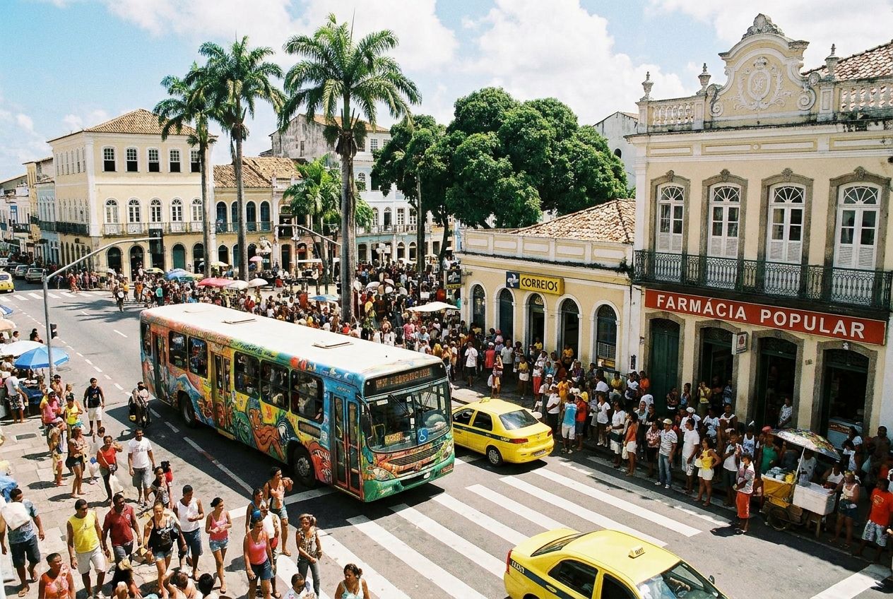 A vibrant, bustling street scene in a Brazilian city, captured in a wide 3:2 landscape. A colorful bus is stopped at a crosswalk, with a taxi closely behind it. On the right, a traditional pharmacy stands next to a small post office building, with people walking on the sidewalk in front of them.
