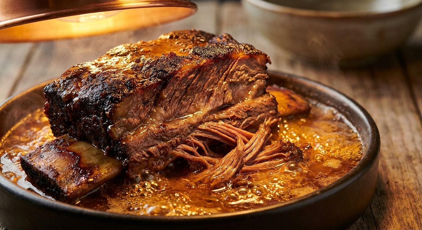 A dramatic close-up photograph of a richly textured, slow-cooked piece of meat, with its fibers visibly tender and beginning to break down into a luscious, glistening liquid, symbolizing the chemical digestion process. Warm, inviting light illuminates the transforming textures, set against a soft, blurred background.