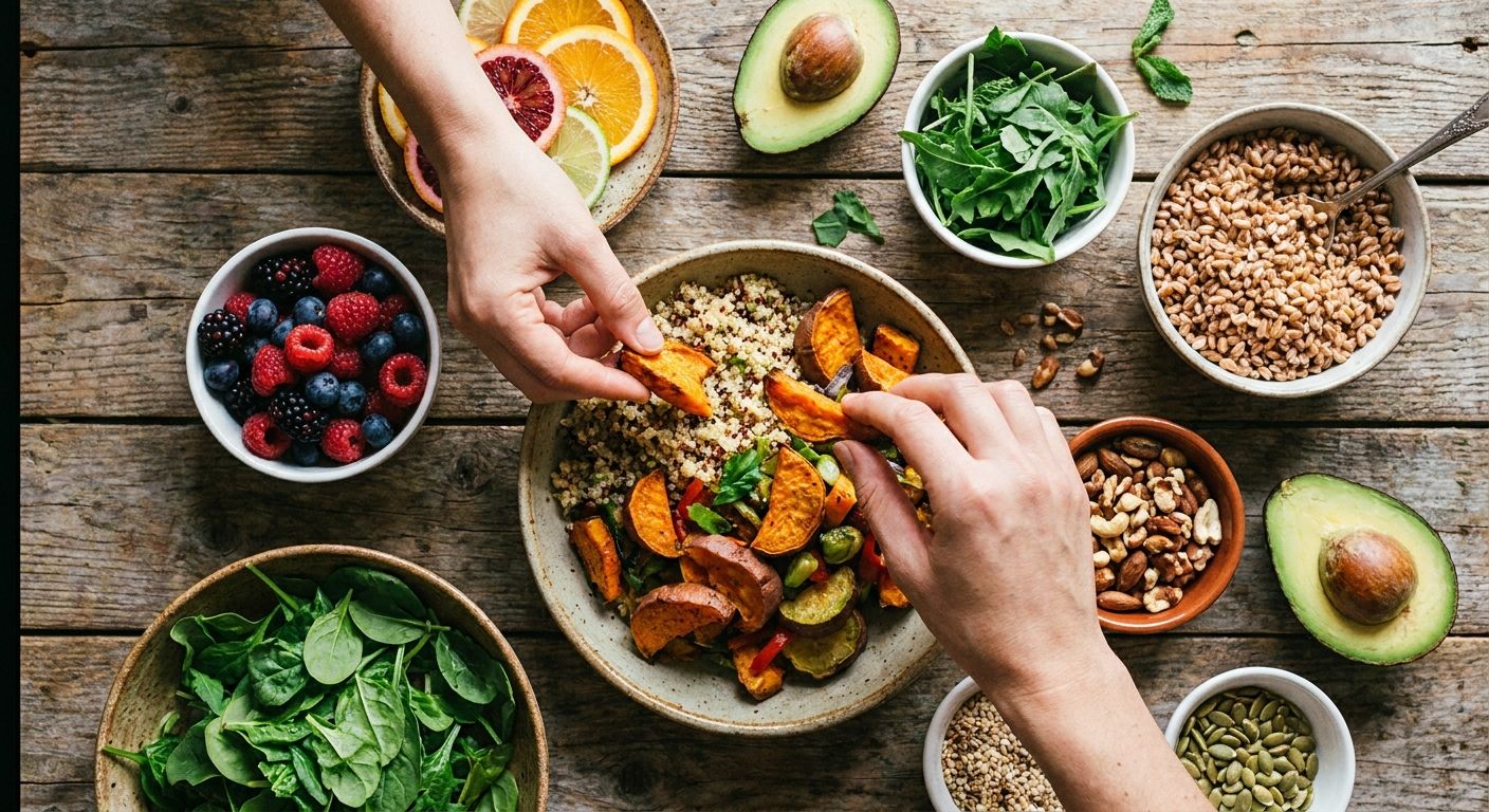 A top-down photographic view of a beautifully arranged, vibrant, and healthy meal on a rustic wooden table, with a diverse spread of colourful fresh fruits, vegetables, and whole grains. A hand reaches into the frame, about to pick up a piece of food, bathed in warm, natural light, evoking the start of the digestive journey and the promise of nourishment.