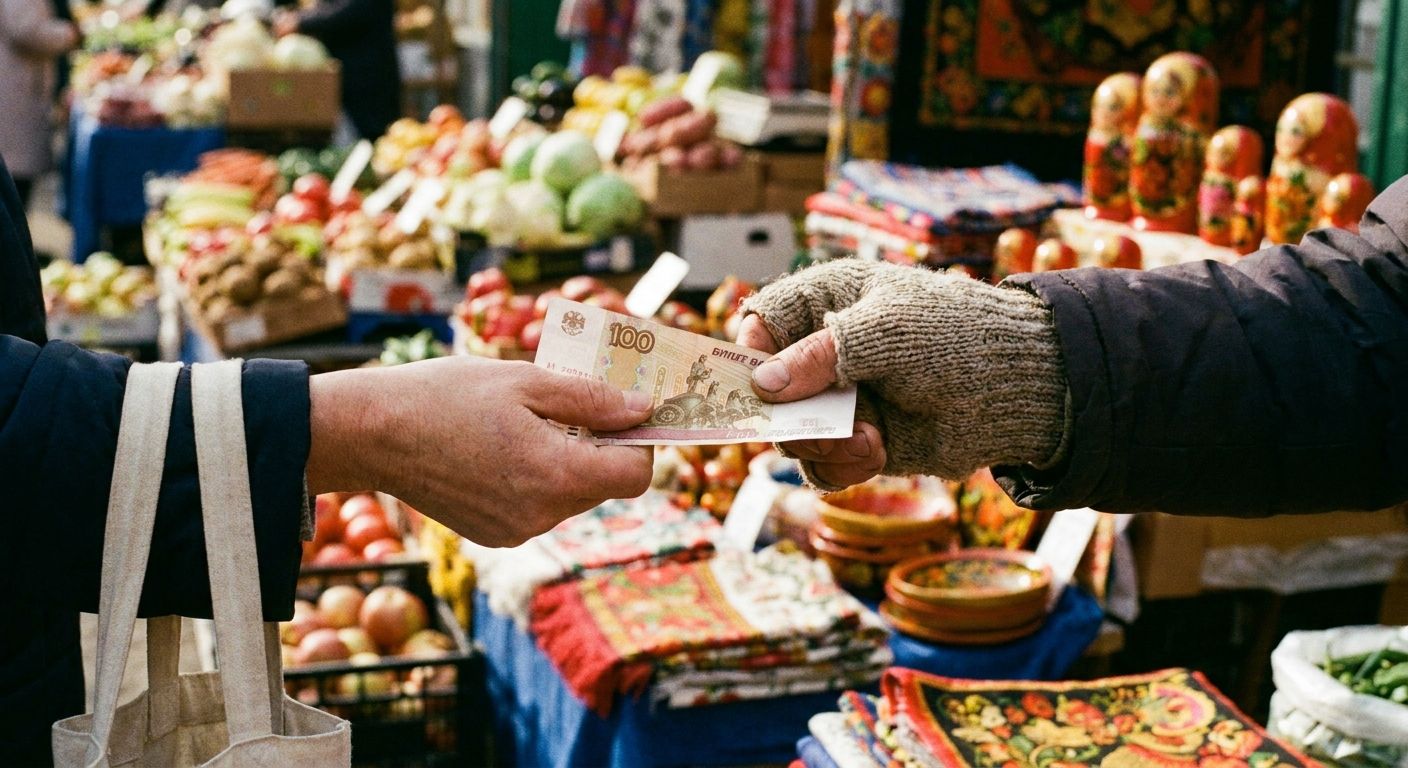 A close-up, eye-level photograph captures two pairs of hands, one belonging to a market vendor and the other to a customer, engaged in a transaction. One hand is holding out a rouble banknote, while the other is reaching for it, against a softly blurred background of colourful Russian market stalls filled with fresh produce and artisanal goods, bathed in warm, natural light.