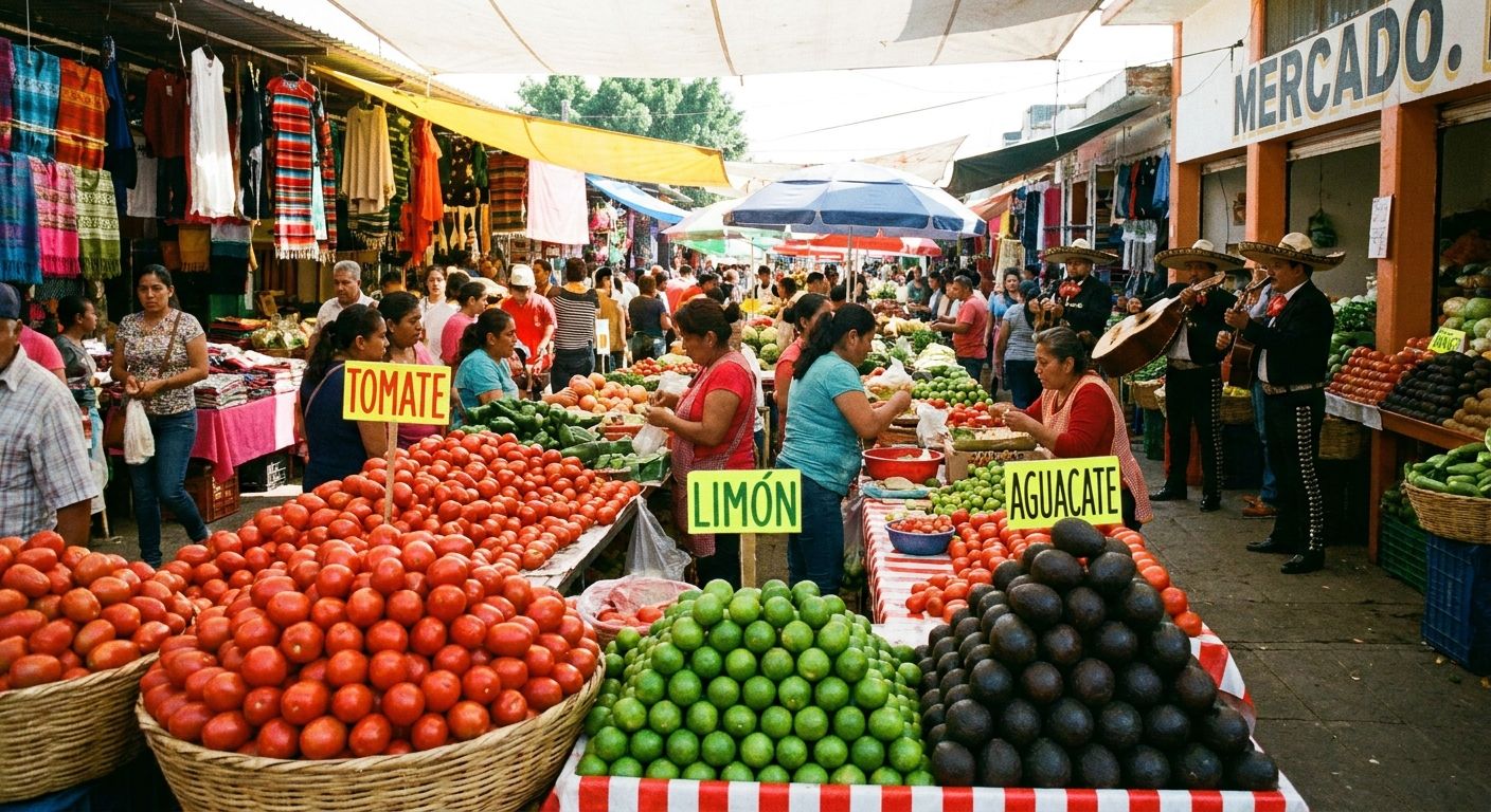 A vibrant, bustling outdoor market scene in Mexico, showcasing a variety of fresh, colorful produce. In the foreground, large abundant piles of ripe tomatoes contrast with smaller, carefully arranged clusters of limes and a moderate stack of avocados, illustrating varying quantities. The scene is full of natural light and lively atmosphere, captured in a vivid photograph.