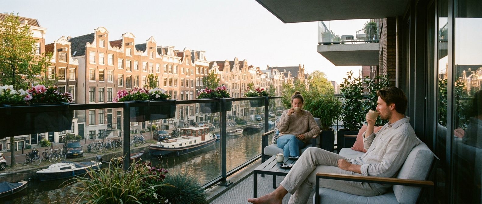 A wide-angle photograph of a modern, stylish apartment balcony overlooking a picturesque canal in Amsterdam. Two people are casually enjoying coffee on the balcony, with traditional Dutch canal houses visible in the soft morning light, creating a vivid and inviting scene.