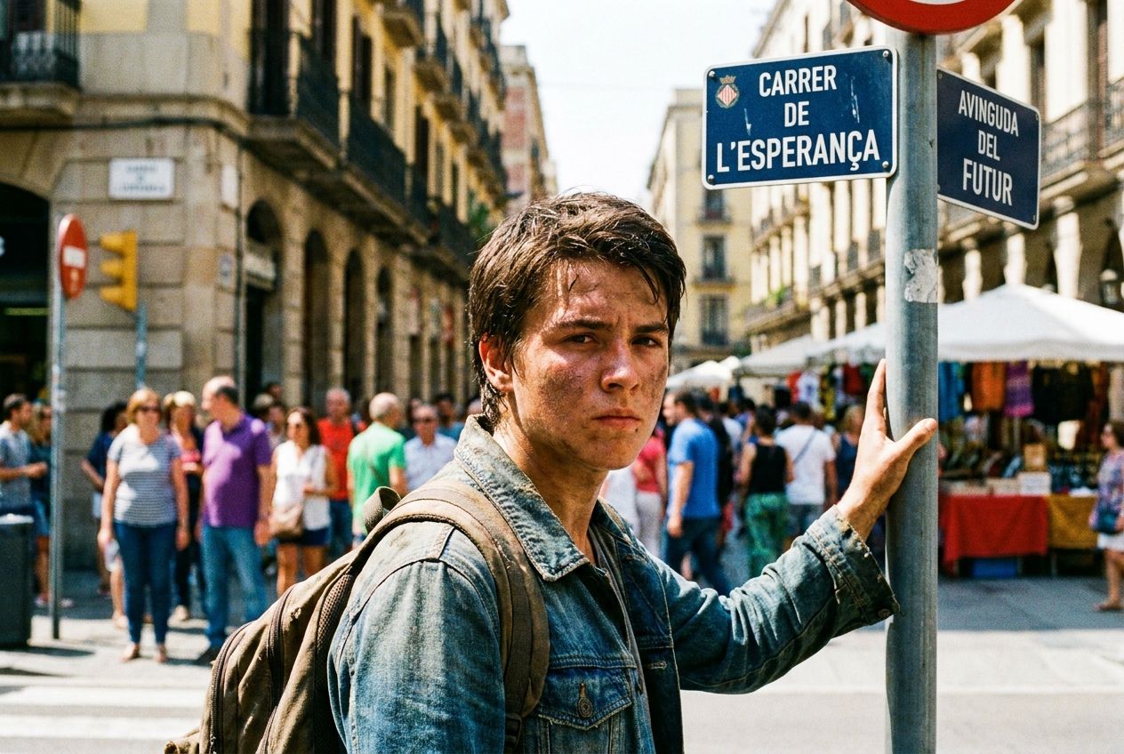 A close-up, vivid photograph of a determined young person, perhaps a student, standing at a vibrant crossroads in a Spanish-speaking city, looking directly forward with a sense of purpose and readiness. The background is a slightly blurred, bustling street scene under bright daylight, composed for a 3:2 landscape frame.