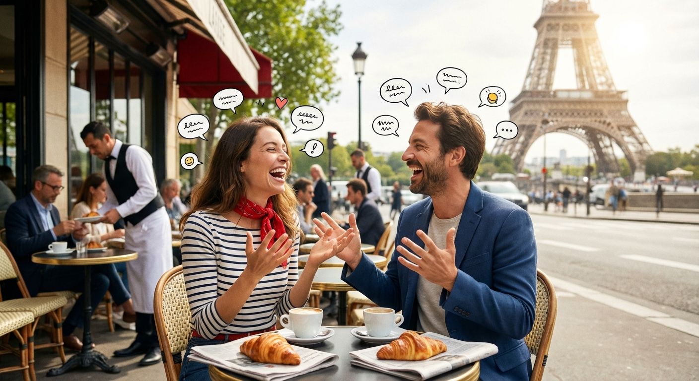 The image captures a bright and cheerful scene at an outdoor café in Paris. A man and a woman are the main subjects, laughing and gesturing animatedly at each other. They're seated at a small round table with coffee and croissants, newspapers underneath. The woman wears a striped shirt with a red scarf, while the man is in a blue blazer. The Eiffel Tower rises prominently in the background, bathed in sunlight. Around them, other café patrons and waiters add to the bustling atmosphere. Playful, hand-drawn speech bubbles float above their heads, filled with doodles and symbols. The overall tone is light, joyful, and romantic. The composition is balanced, with the couple in the foreground and the iconic landmark providing depth.