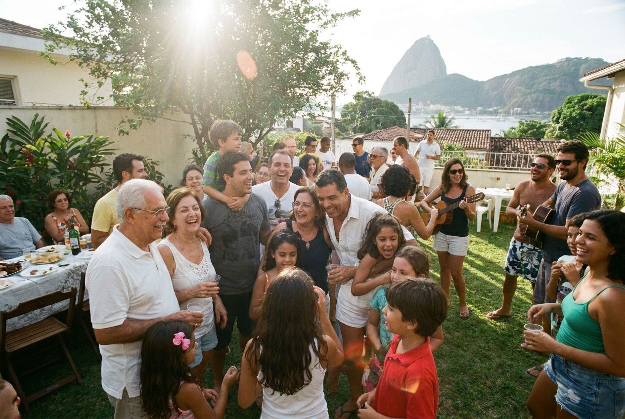 A candid, wide-angle photograph of a multi-generational Brazilian family, including parents, children, and siblings, laughing and interacting warmly at a vibrant outdoor gathering under bright sunlight. The scene is full of genuine connection and joy, composed for a 3:2 landscape frame.