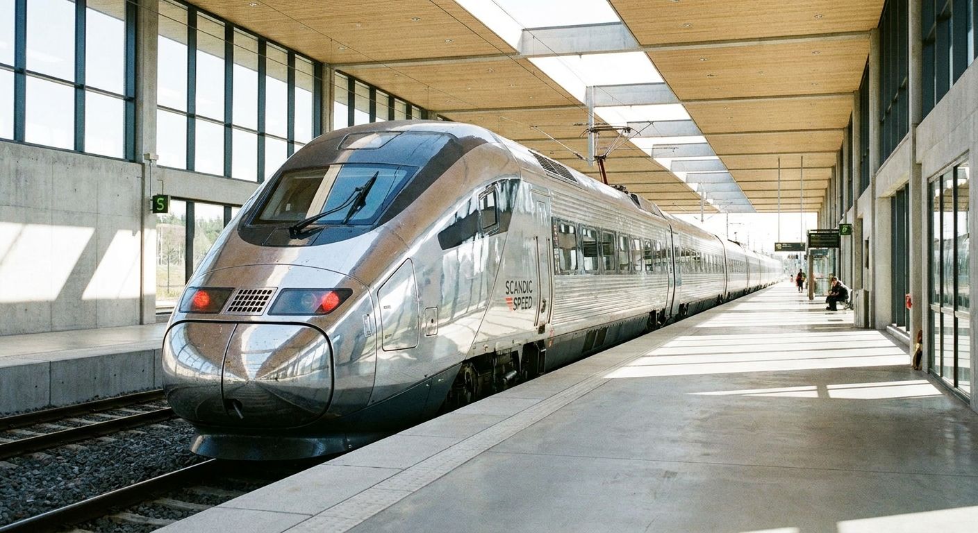 A sleek, modern high-speed train arrives at a sunlit platform in a minimalist Swedish train station, captured from a low angle. The powerful locomotive dominates the foreground, followed by its perfectly aligned carriages extending into the background, creating a visual metaphor for precise order and sequential structure.