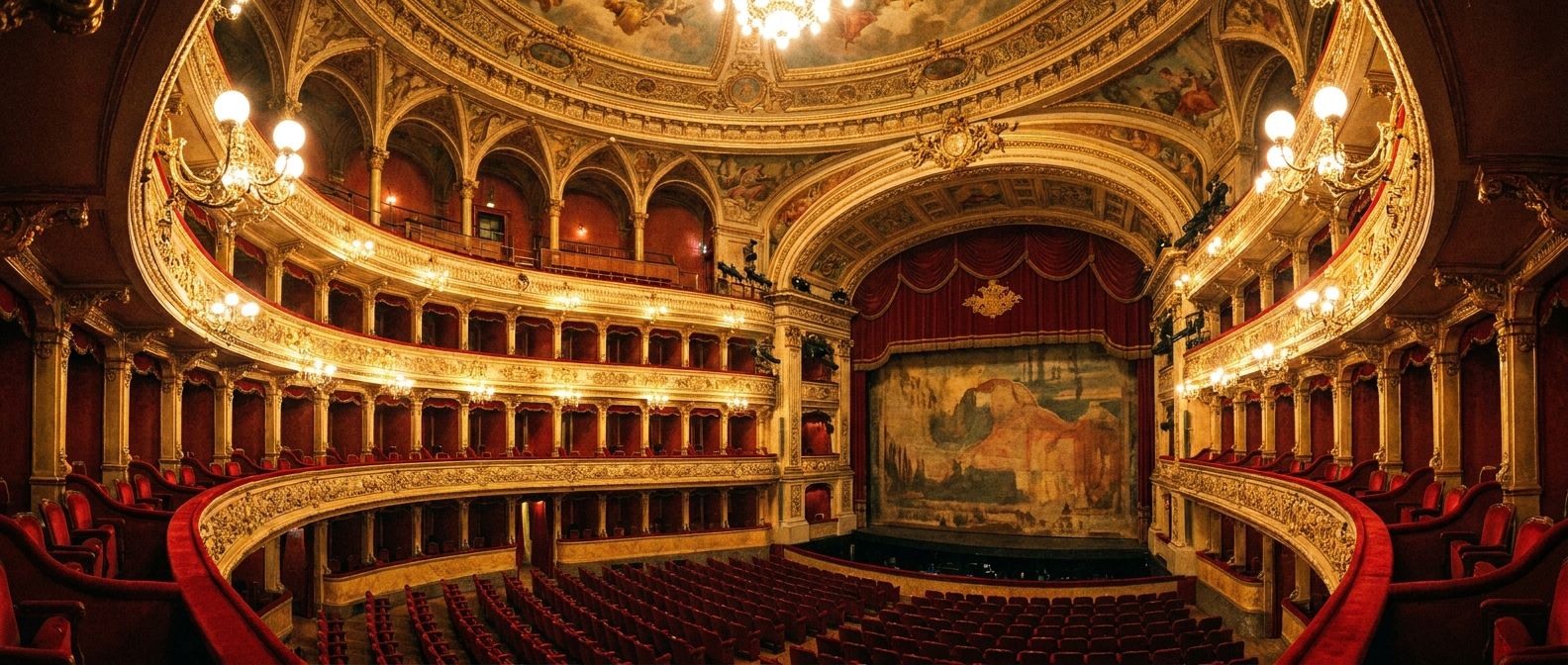 A sweeping wide-angle photograph capturing the opulent interior of a historic Italian opera house, bathed in warm, dramatic lighting, with red velvet seats and intricate gold leaf details. The grand stage is empty, awaiting a performance, evoking the richness of Italian culture and entertainment.