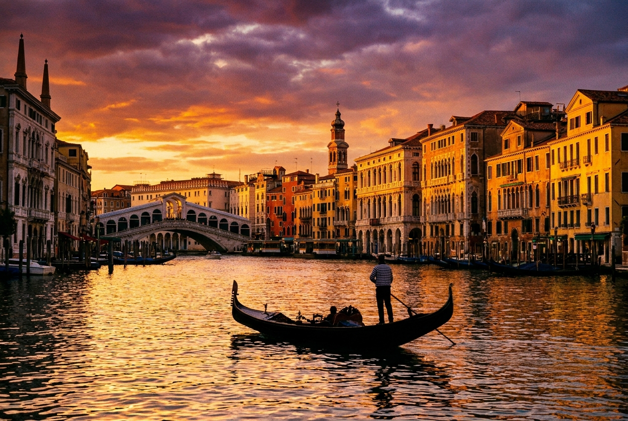 A lone gondola glides gracefully through a Venetian canal at sunset, its silhouette stark against the vibrant orange and purple sky reflecting on the water. The historic architecture of Venice lines the canal, bathed in the warm, golden light of the setting sun, creating a romantic and evocative atmosphere in this 3:2 landscape photograph.