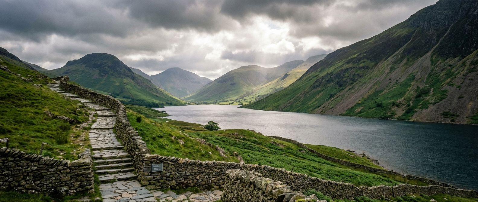 A dramatic wide-angle landscape photograph of a winding stone footpath leading up a verdant fell in the Lake District, framed by a serene lake and majestic glaciated mountains under an atmospheric sky. The path appears well-maintained, suggesting careful stewardship of the popular hiking routes.