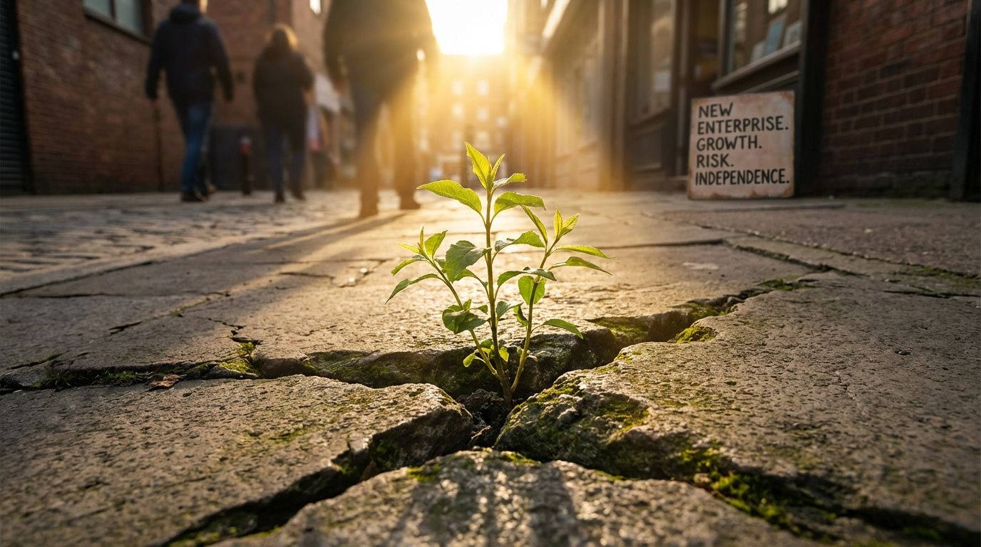 A single, vibrant green sapling vigorously pushing its way through a crack in a weathered concrete sidewalk, dramatically lit by a warm, golden sunbeam. This wide-angle photograph captures the resilient spirit of new enterprise, symbolizing growth, risk, and the pursuit of independence against challenging odds.
